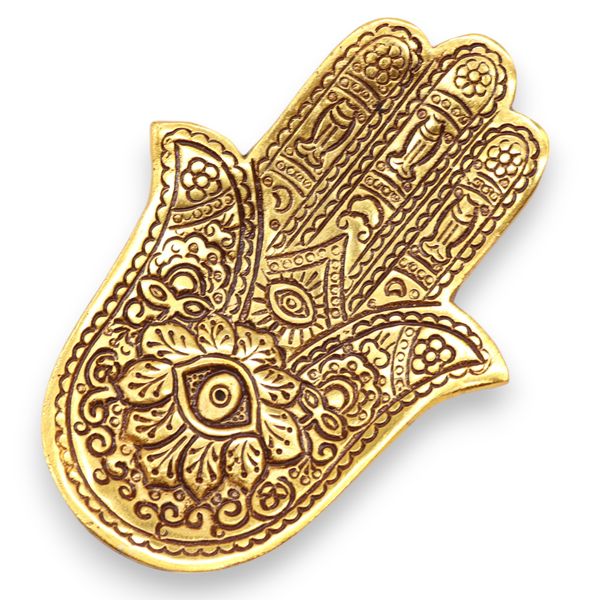 Porta-Incenso Hamsa Pequeno em Alumínio Dourado 13x5,5cm