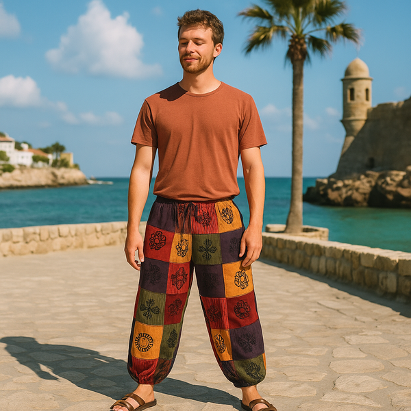 Nomad Sari - Mushroom Pants - Block Print Designs - Orange Tones (110x120cm) L/XL