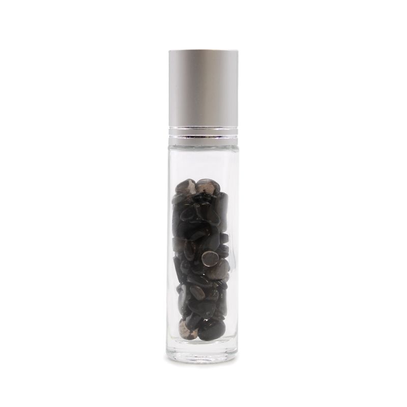 Bouteille Roll-On d'Huile Essentielle avec Gemme - Tourmaline Noire - Bouchon Argenté