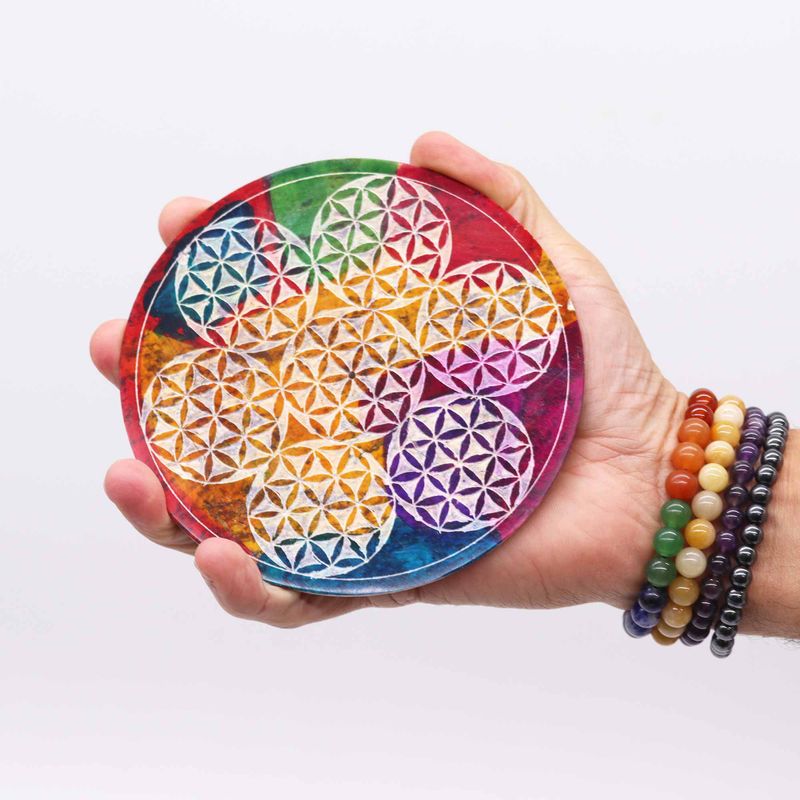 Porte-encens en pierre à savon Disque 12 cm - 7 Fleurs de Vie