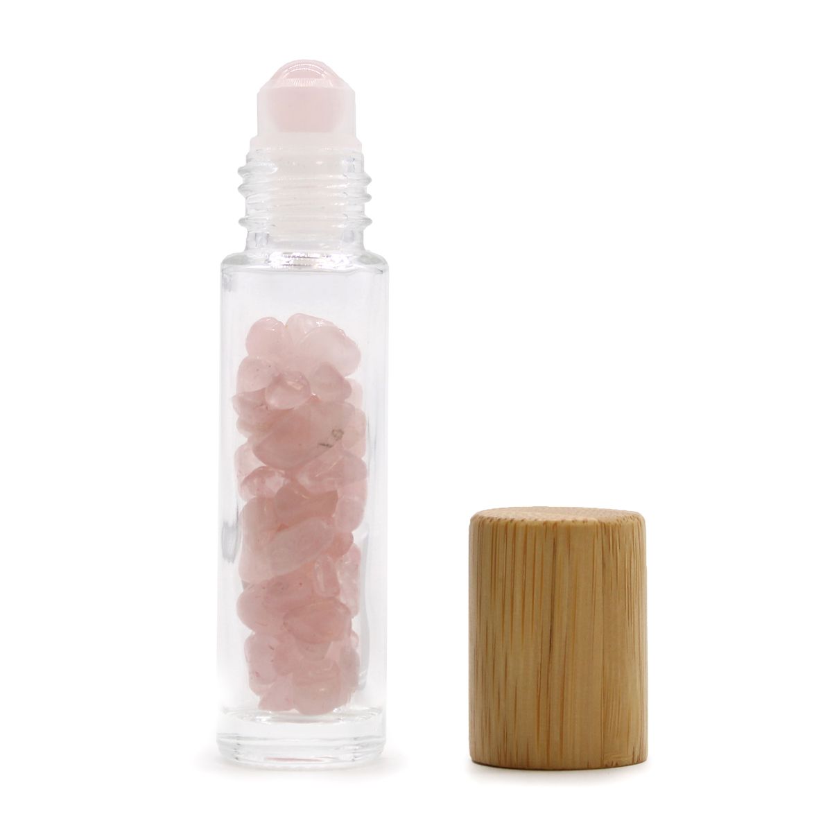 Frasco roll-on de óleo essencial com pedras preciosas - Quartzo rosa - Tampa de madeira