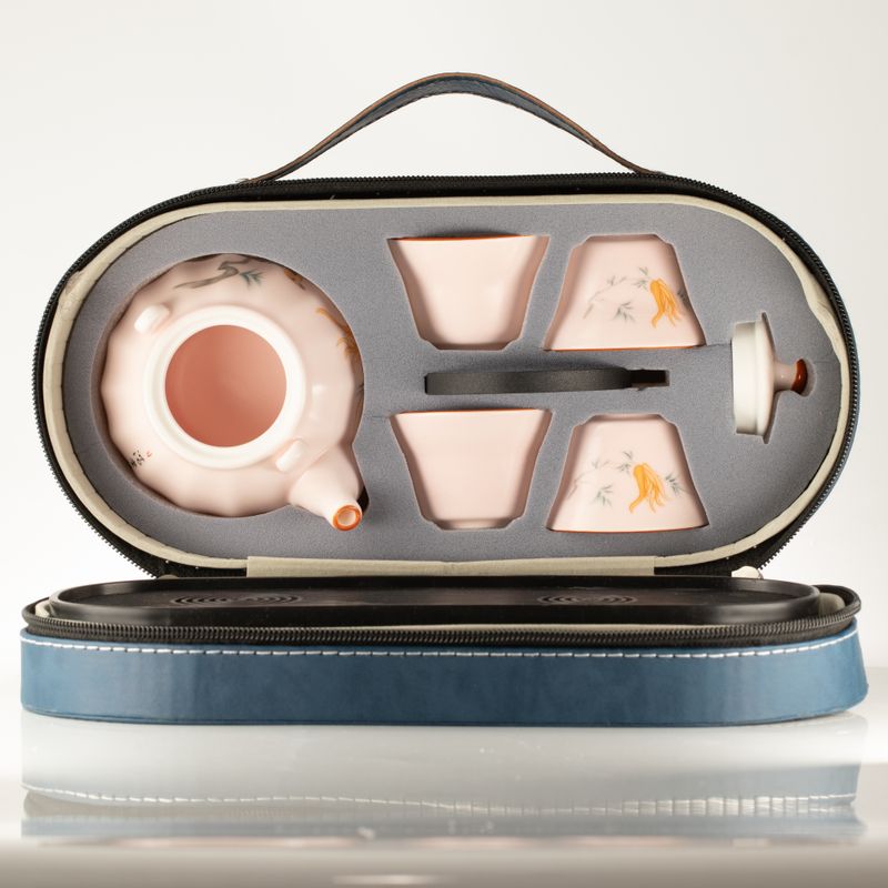 Travel Teapot Set & Four Cups - Pink Vintage Pumkin Style