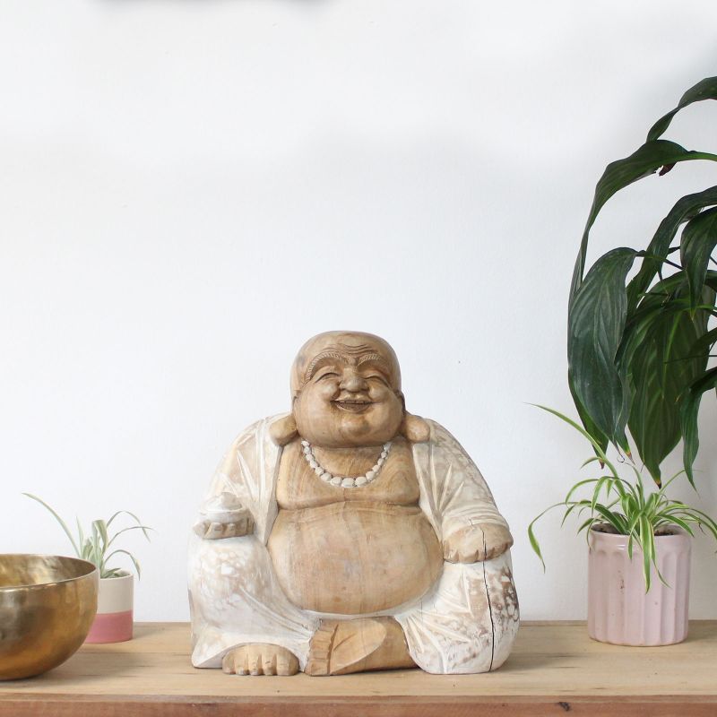 Statue de Bouddha Sculptée à la Main - 30cm Heureux - Blanchi