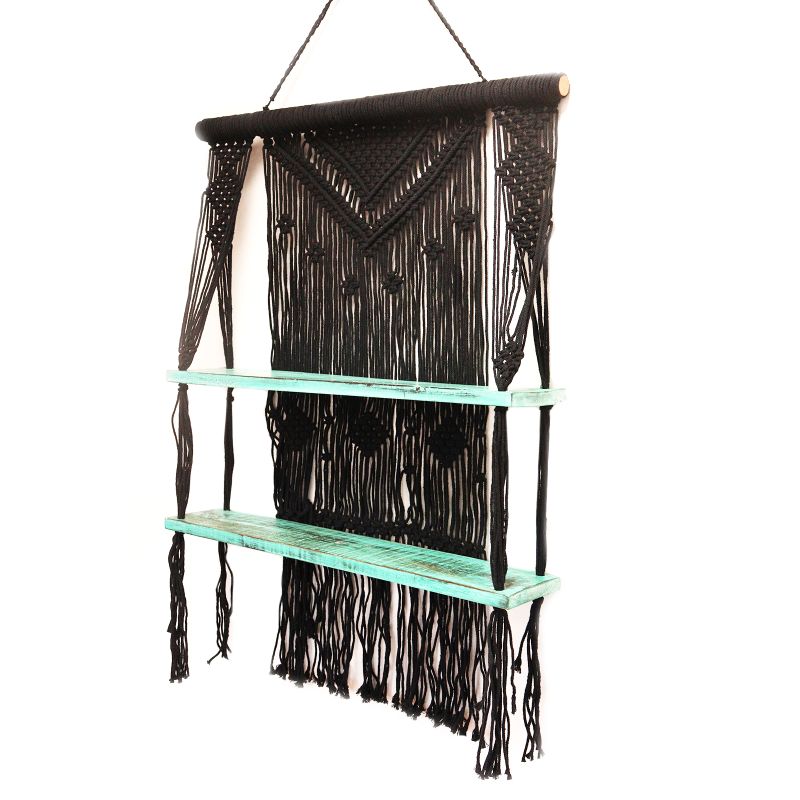 Étagères Suspendues en Macramé Noir - Turquoise