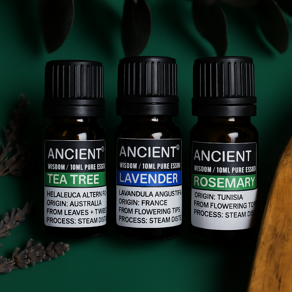 Conjunto de óleos essenciais de lavanda, árvore do chá e alecrim, com 10 ml cada.