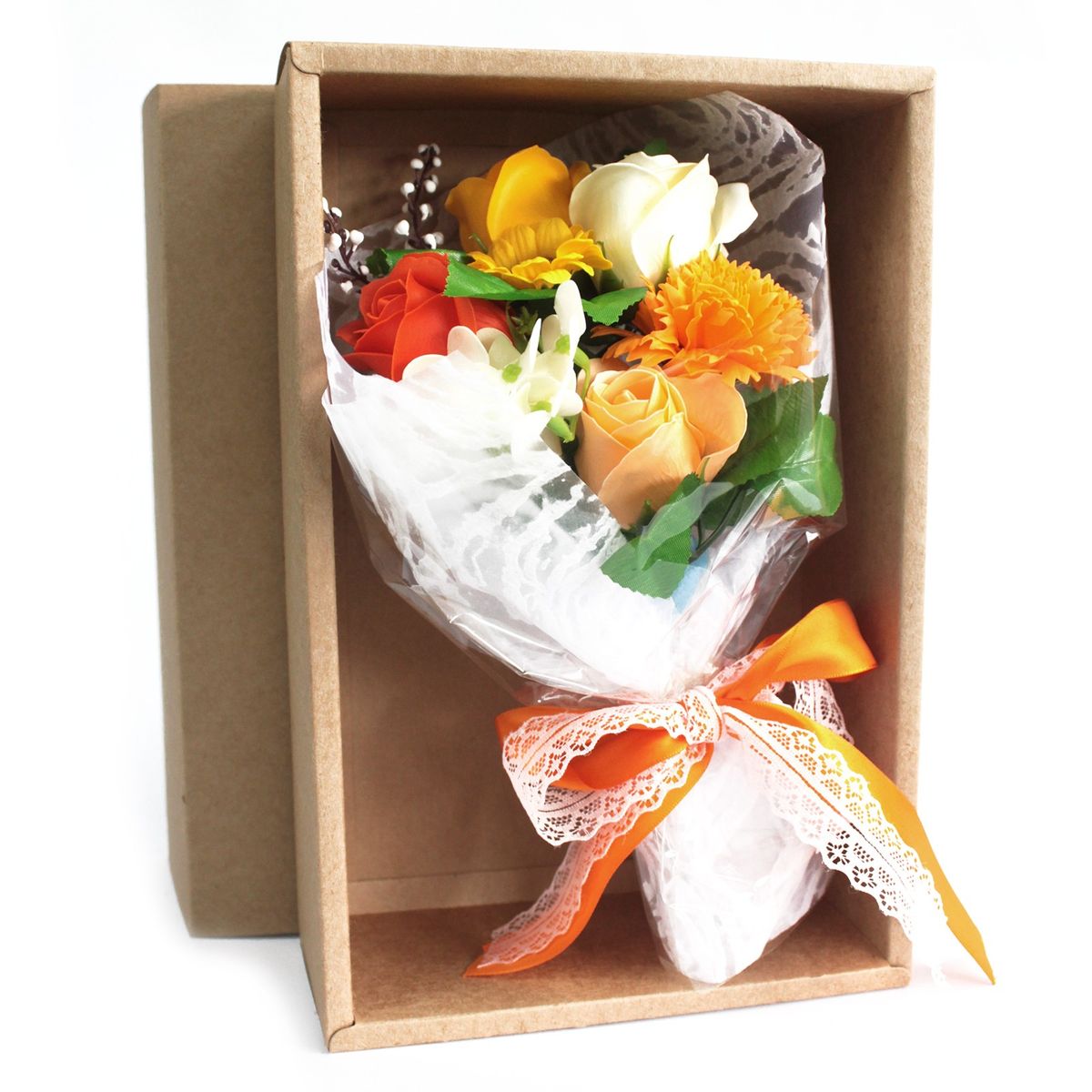 Bouquet de flores de sabão em caixa - laranja