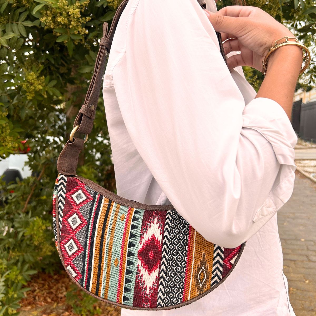 Mala Hobo em Jacquard - Tons de Castanho Intensos (alça castanha)