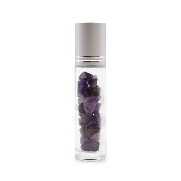 Bouteille Roll-On d'Huile Essentielle avec Gemme - Améthyste - Bouchon Argenté