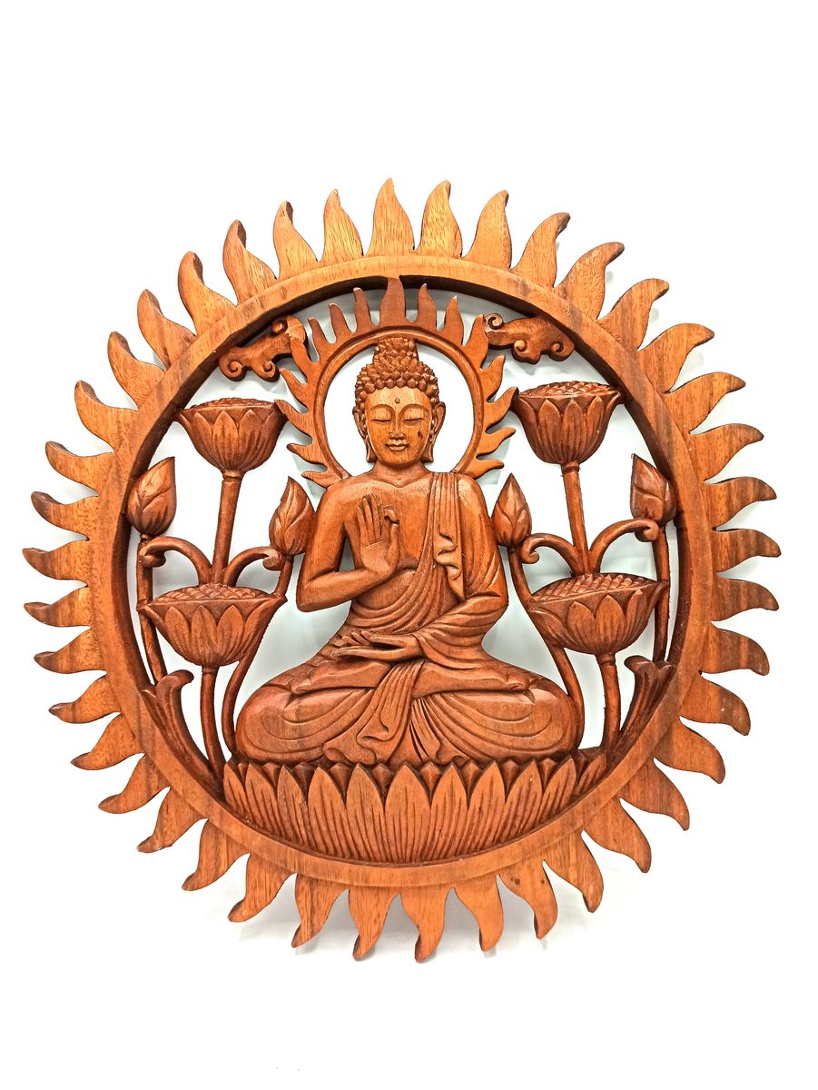 Painel de madeira com Buda e Lótus - 40 cm