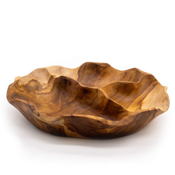 Bol à fruits rond et lisse en bois de teck à trois compartiments - 30x5,5cm