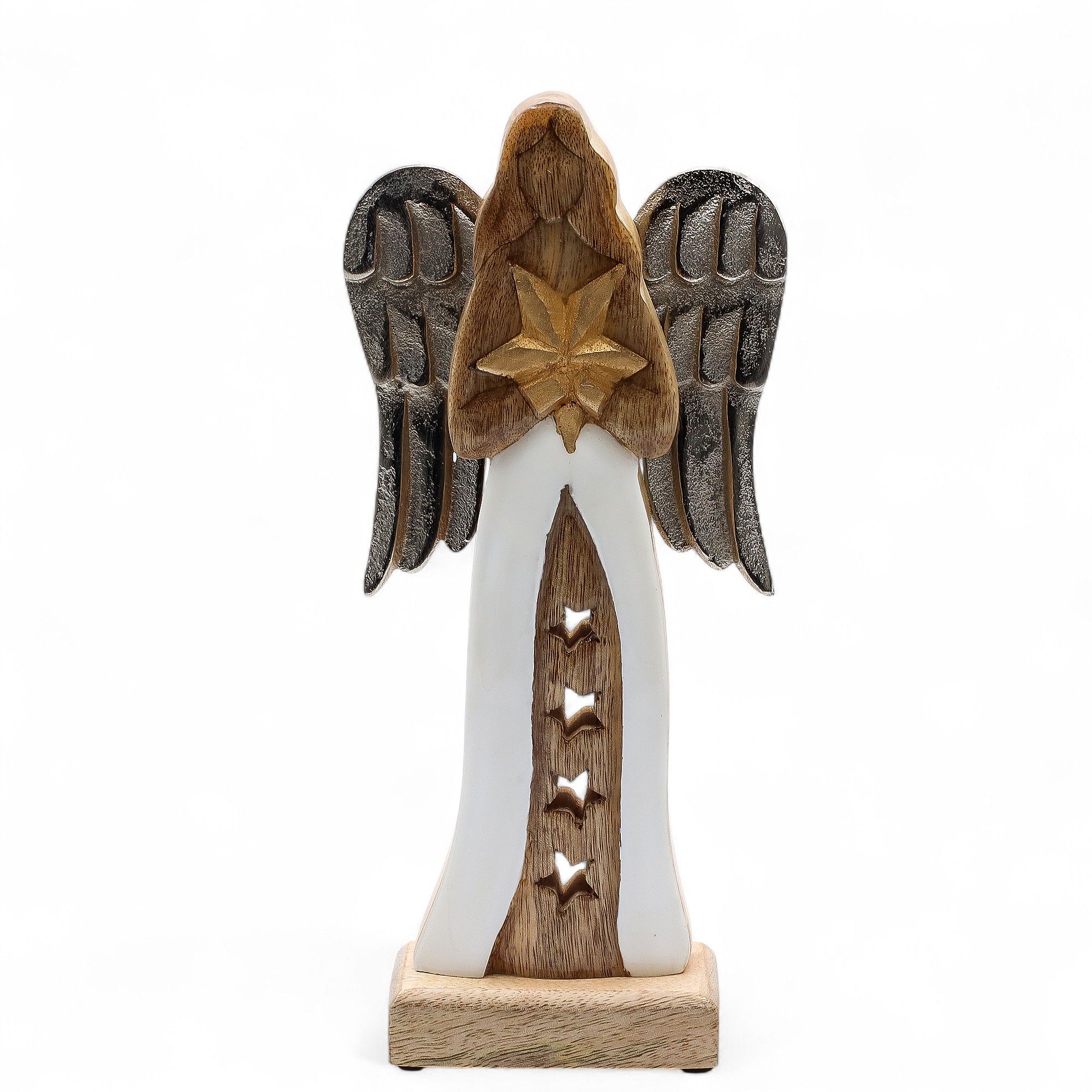 Angel Grande de Madera de Mango de Estrella Alas de Metal y Detalle de Esmalte - 30cm