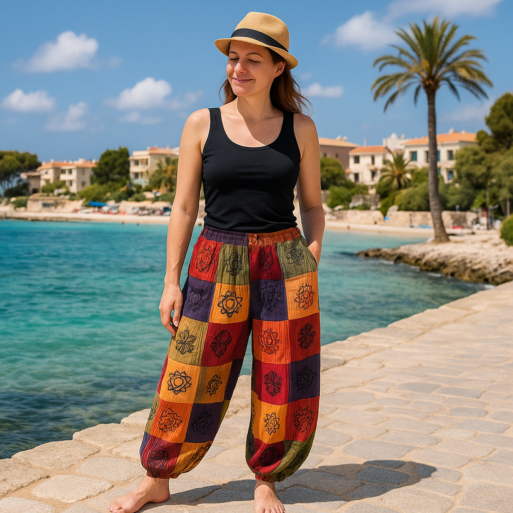 Sari Nómada - Calças Hongo - Desenhos com Estampado em Bloco - Tons de Laranja (105x127cm) S/M