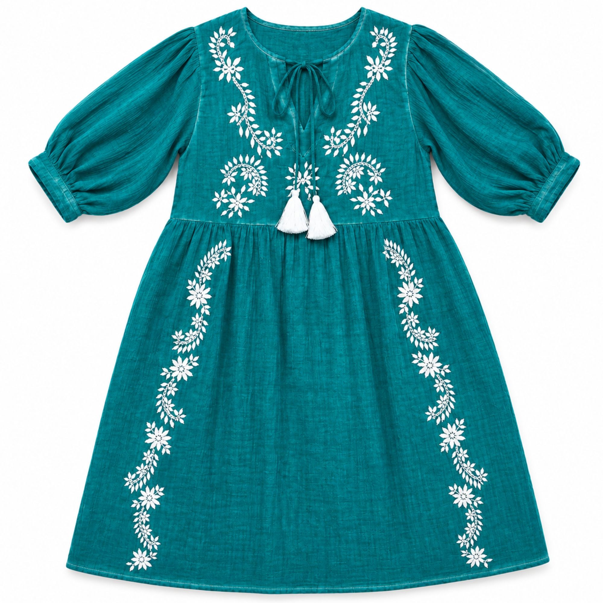 Coleção Nomad Sari On the Med - Vestido - Turquesa com Bordado e Borla (L-XL)