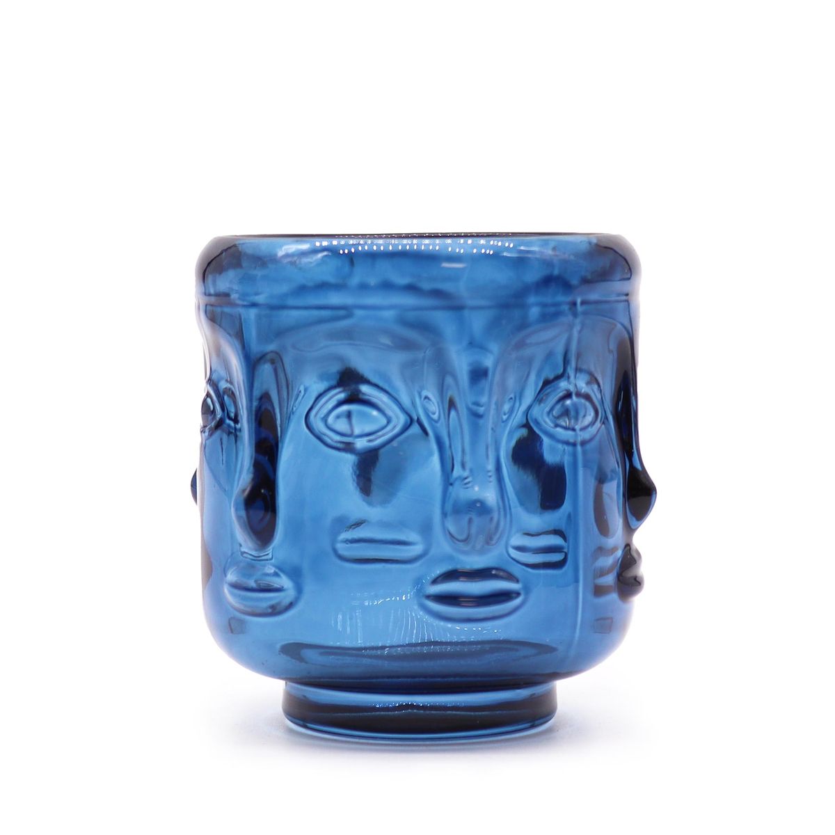 Pote de vela com rostos de Buda - Azul real