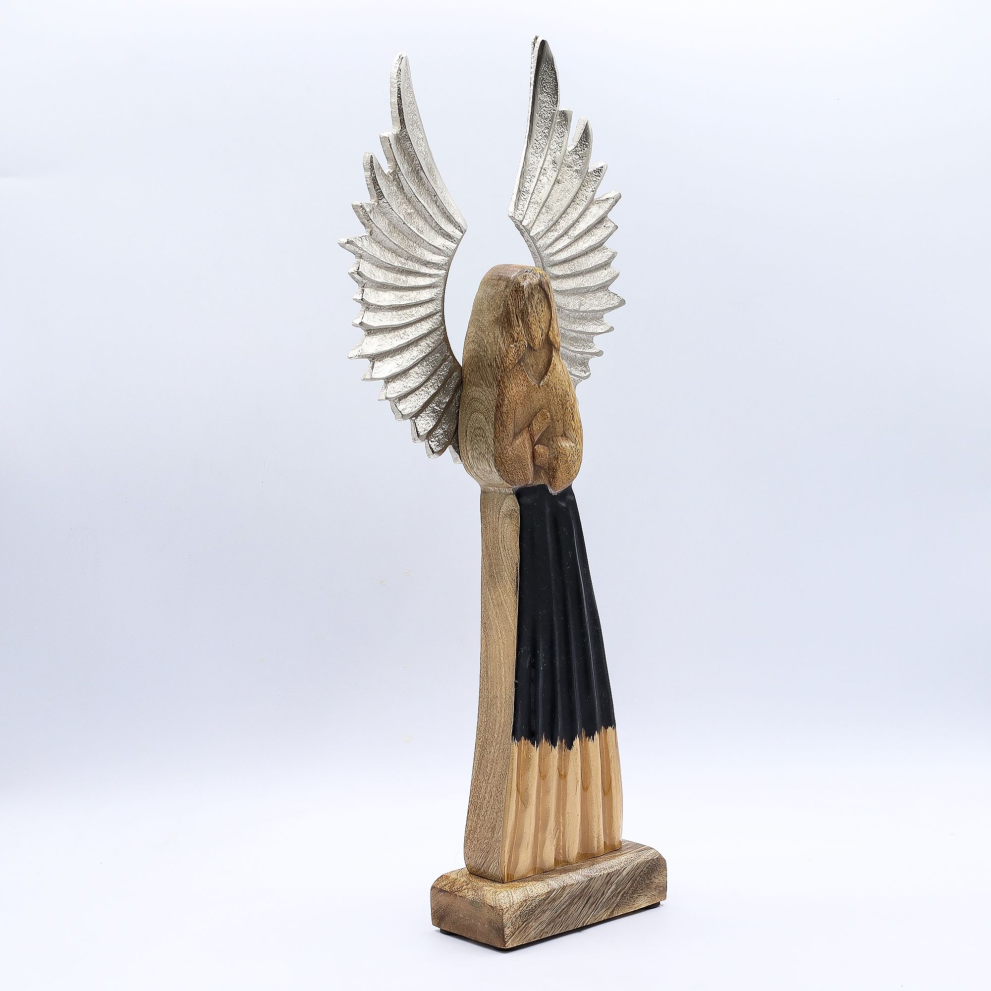 Anjo Guardião Grande de Madeira de Manga Asas de Metal e Detalhe em Esmalte – 40 cm