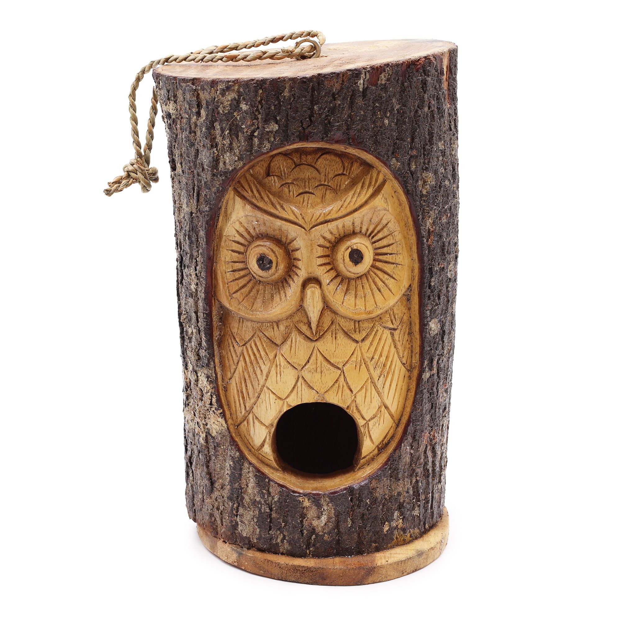 Hand-Carved Owl Birdhouse - Natural Tree Trunk - Rustic Garden Ornament