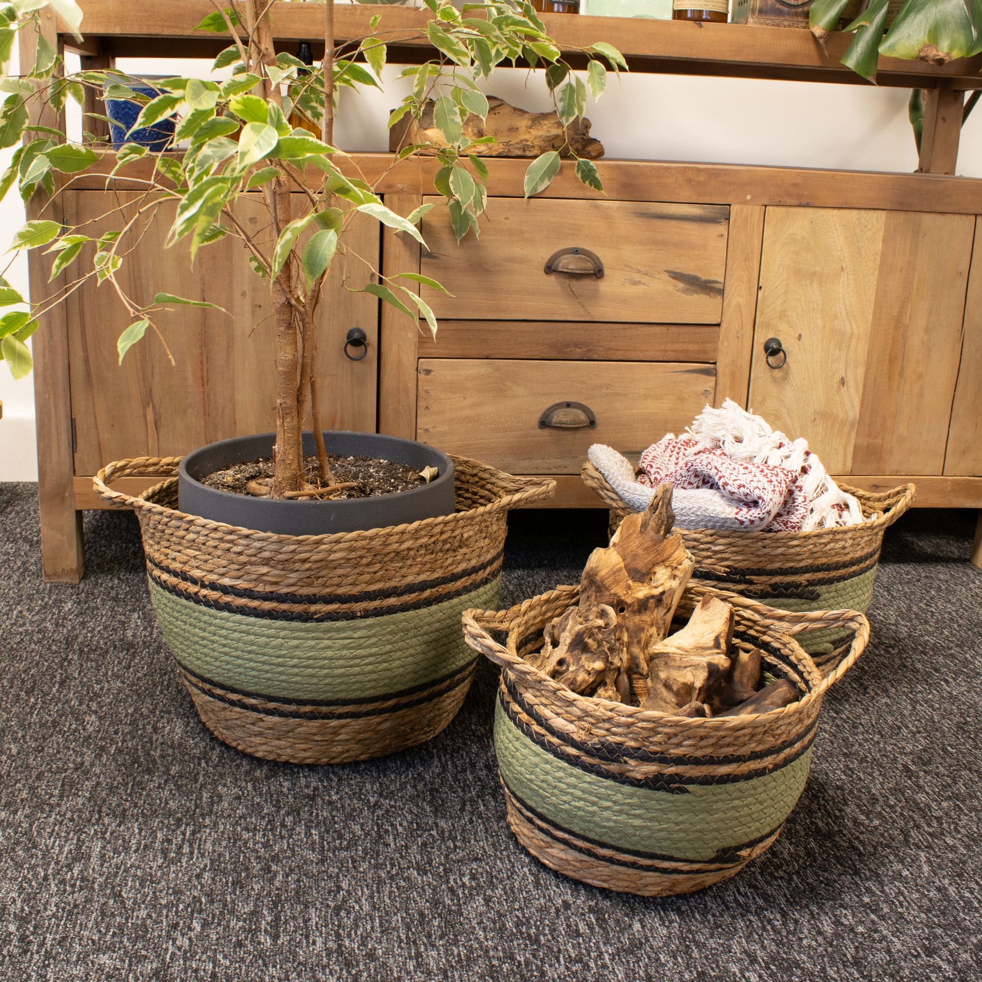 Stora Korgar i Bomull & Sjögräs - Naturlig Svart & Grön - Set om 3