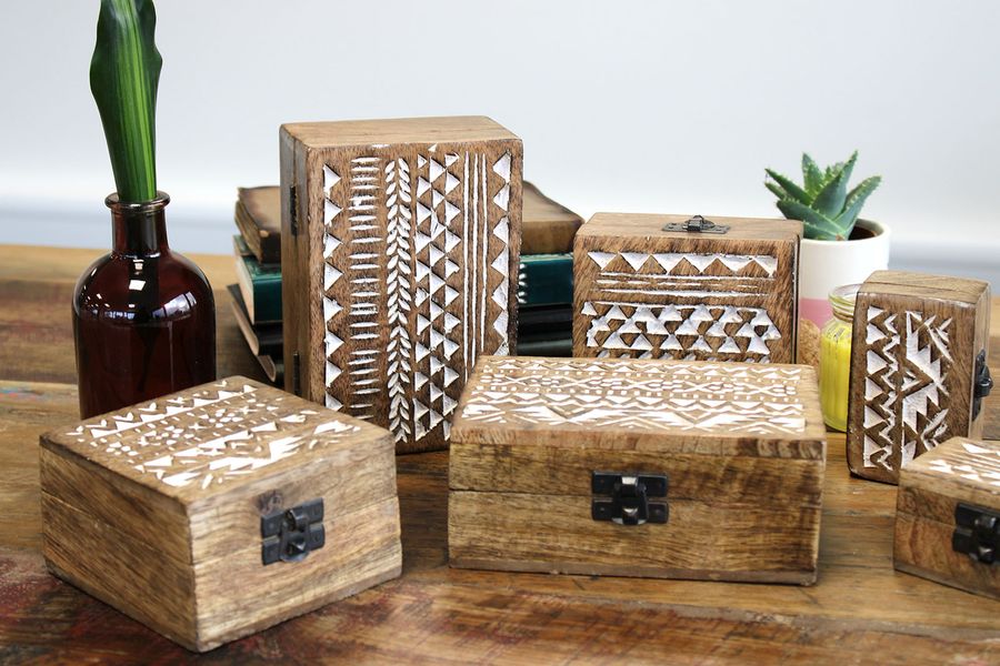 Boite en Bois Blanchi - Grand - Design Aztèque