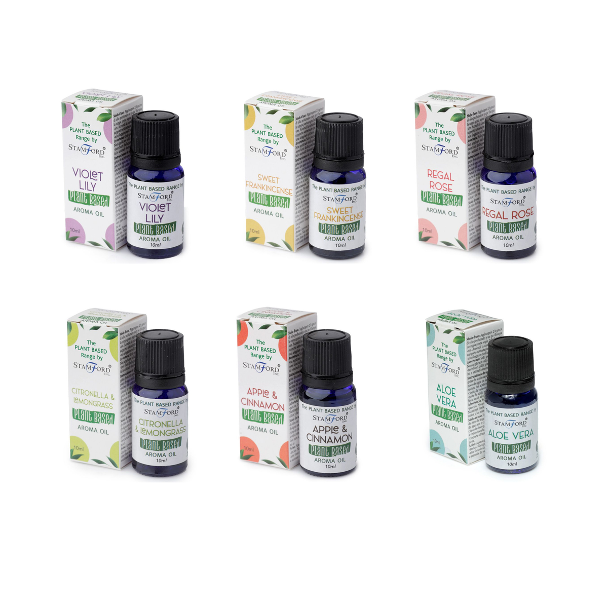 Conjunto de 6 Óleos Aromáticos à Base de Plantas Variados - Aloé Vera, Canela e Maçã, Citronela, Rosa Real, Incenso Doce, Lírio Violeta