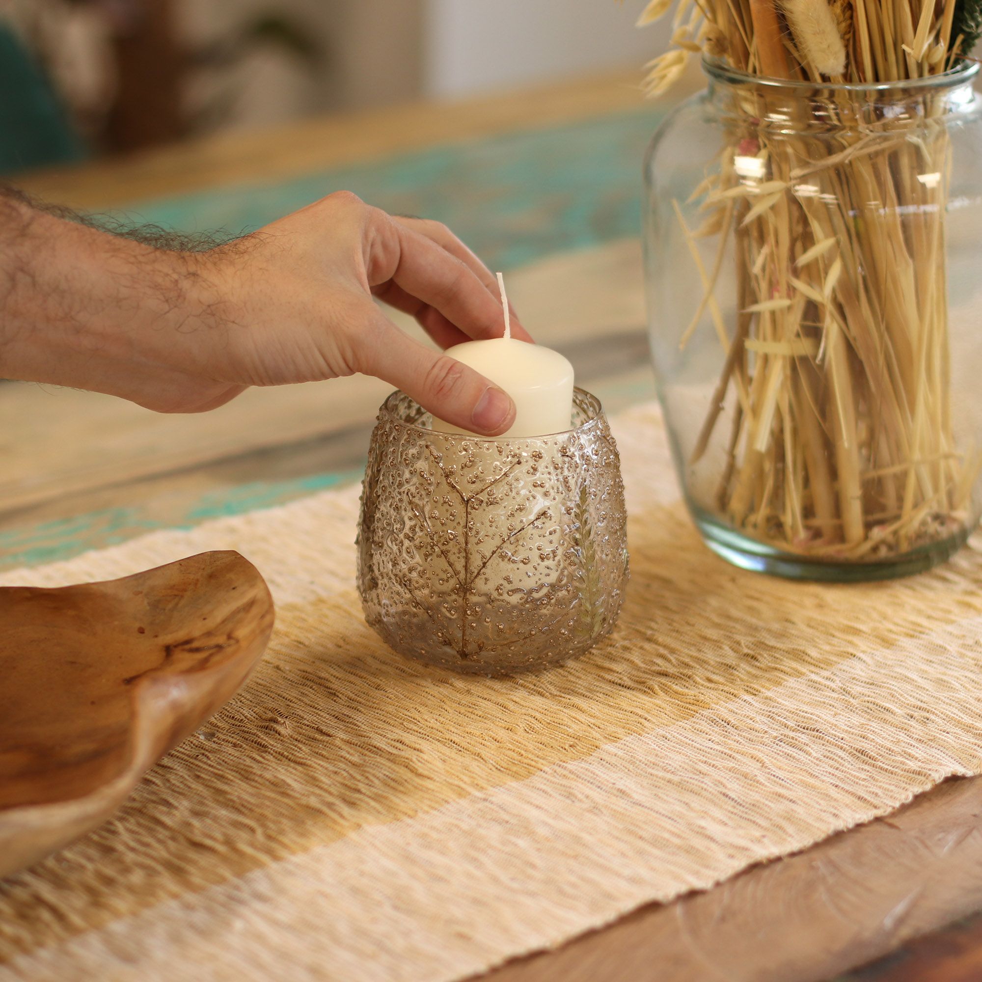 Stakleni Držač za Svijeću s Prirodnim Cvijećem – Ravni – Bor (10x9cm)