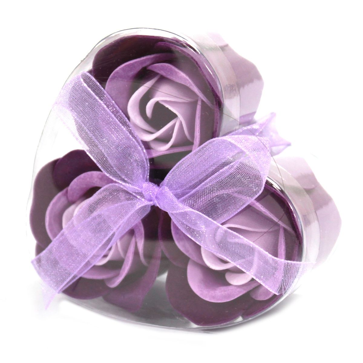 Conjunto de 3 flores de sabão em caixa em forma de coração - rosas lavanda