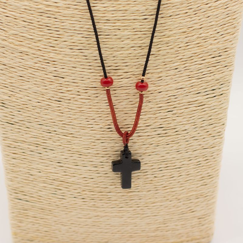 Cord Necklace Gemstone Pendants - Black Agate Cross