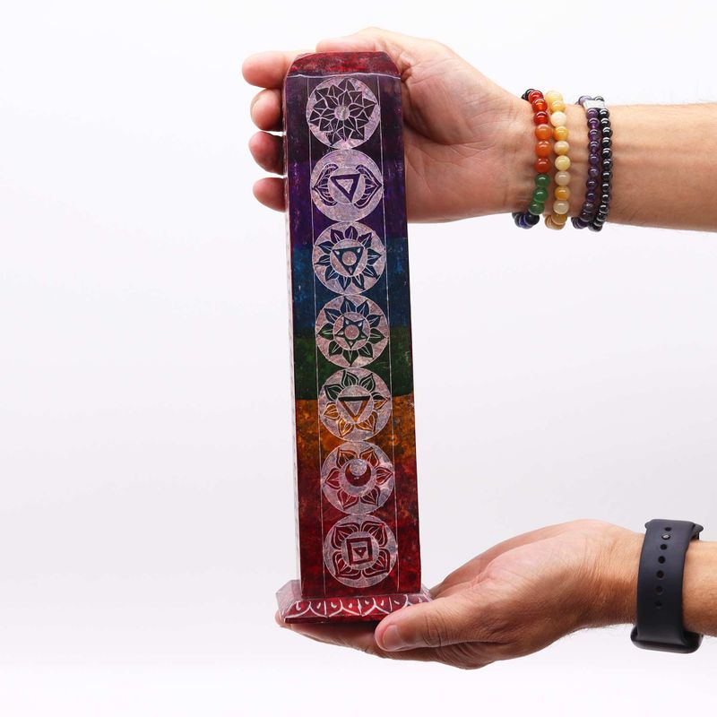 Porte-encens en pierre à savon Tour Carrée 25 cm - 7 Chakras