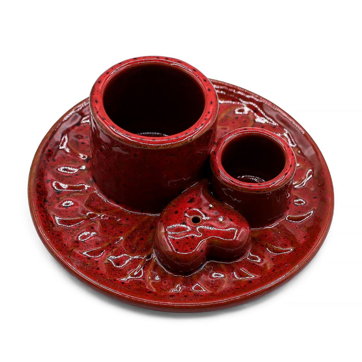 Suporte cerâmico para Pau santo e Incenso - Mandala - Vermelho com brilho em forma de coração