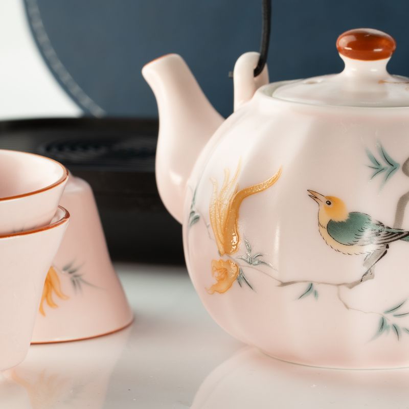 Travel Teapot Set & Four Cups - Pink Vintage Pumkin Style