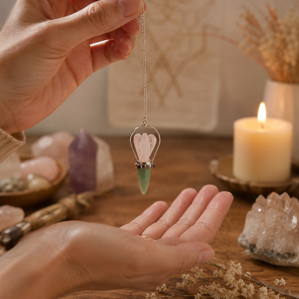 The Heart Oracle - Two Piece Angel Pendulum - Chakra Band - Rose Quartz & Green Aventurine