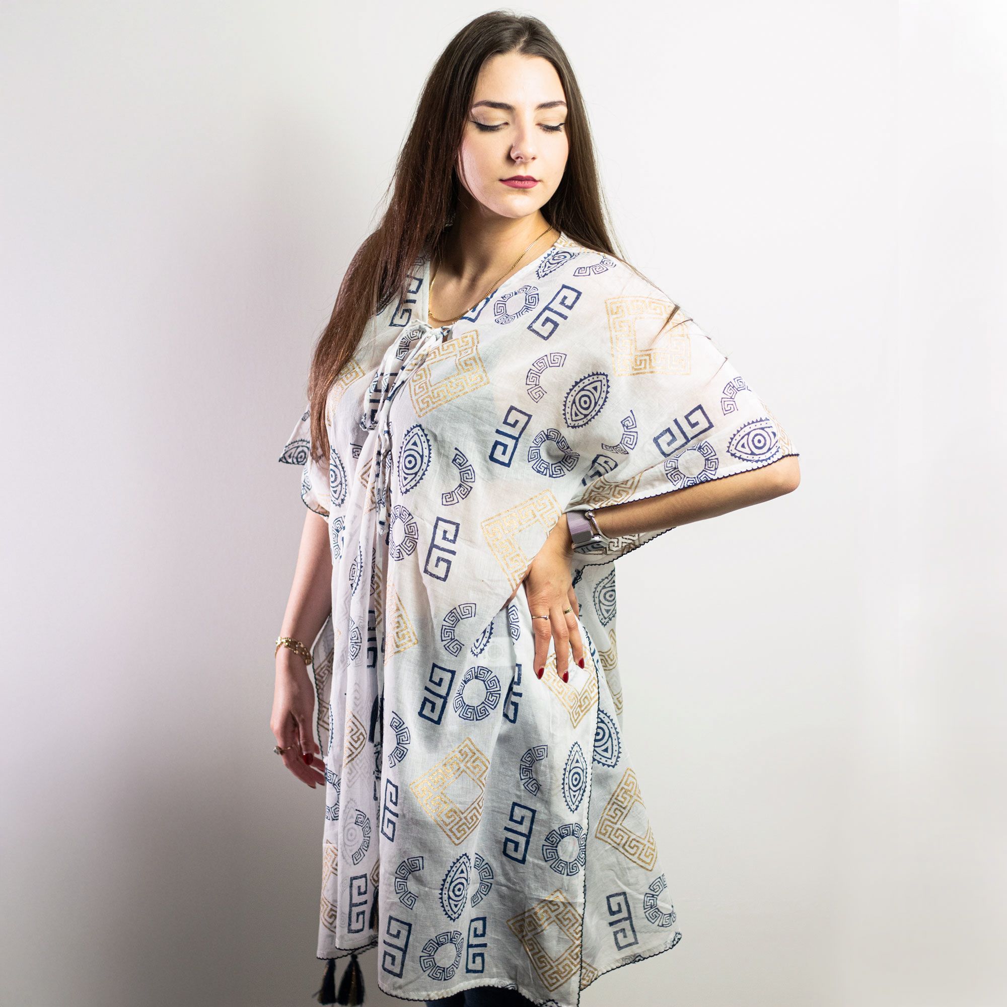 Colección Nómada Sari Mediterráneo - Kaftan - Motivo Griego en Oro y Azul - Pintado a Mano