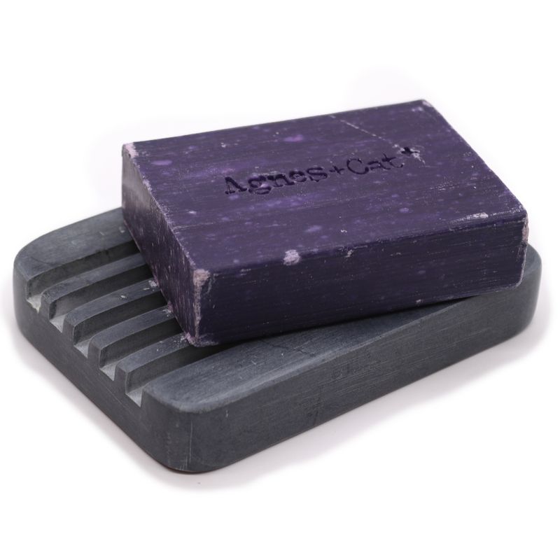 Porte-savon en pierre à savon grise 12x8,5cm - Rainures profondes