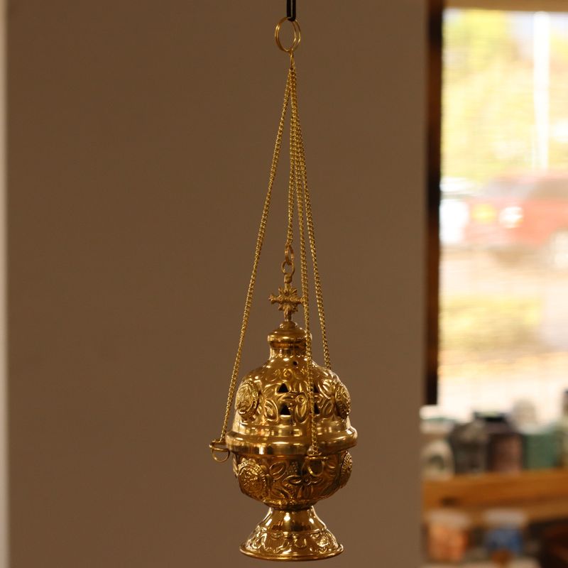 Hanging Brass Incense Burner - Threaded Chain - 16.5x6.5cm (Fine Brass)