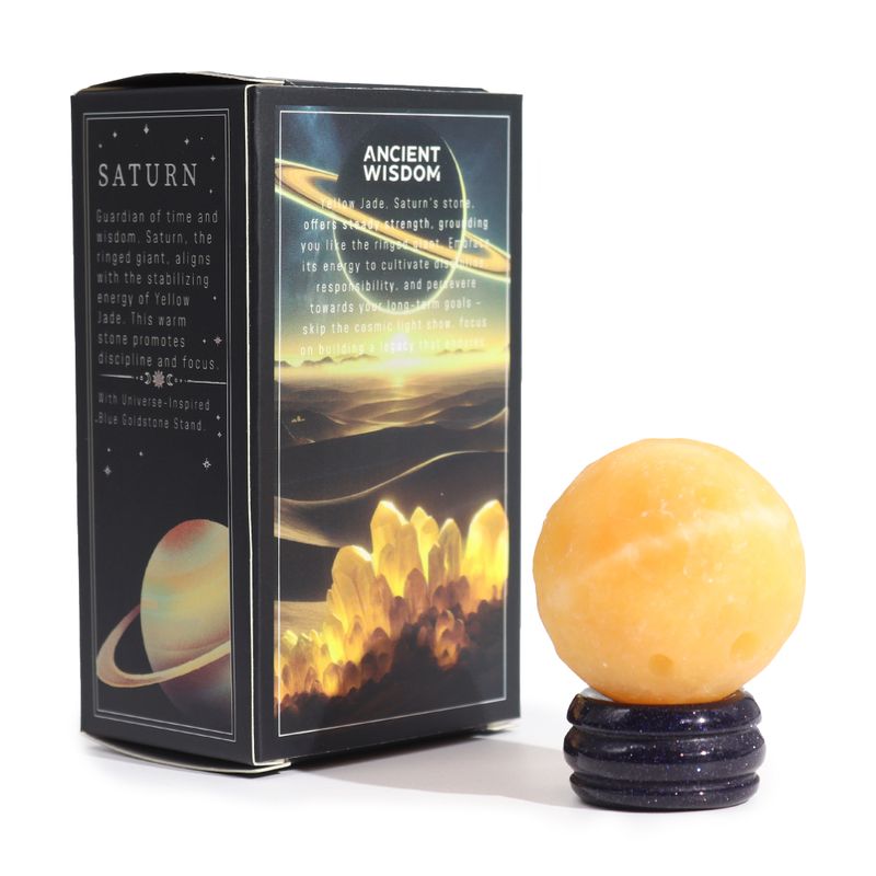 Planète en Jade Jaune socle Goldstone Pierre de soleil