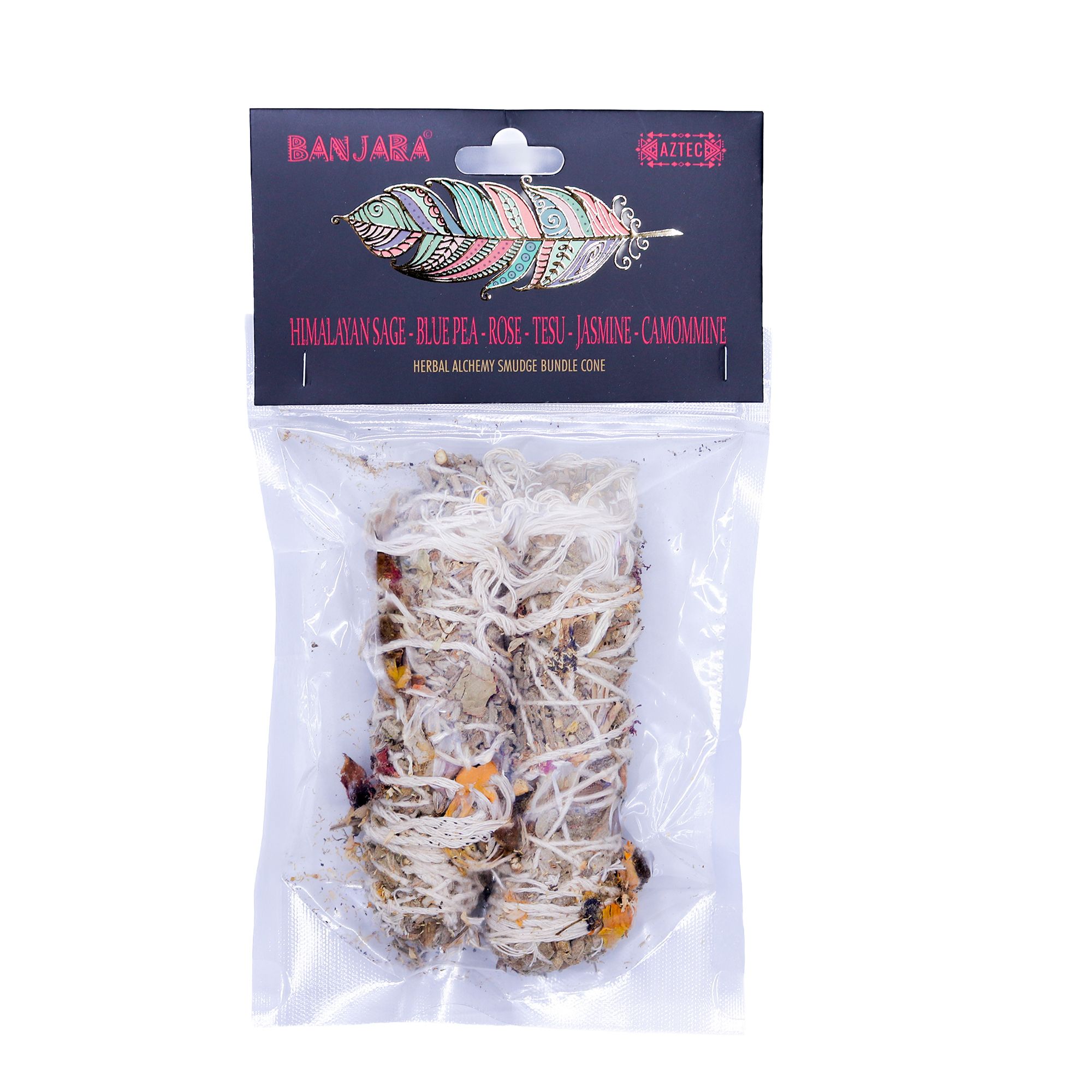 Floral Smudge Stick - Himalayan Sage & Blue Pea, Rose, Tesu, Jasmine, Chamomile Blend - Hand-wrapped in India