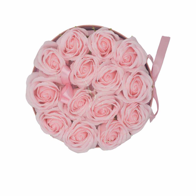 Coffret Cadeau de Fleurs de Savon - 14 Roses Roses - Rond