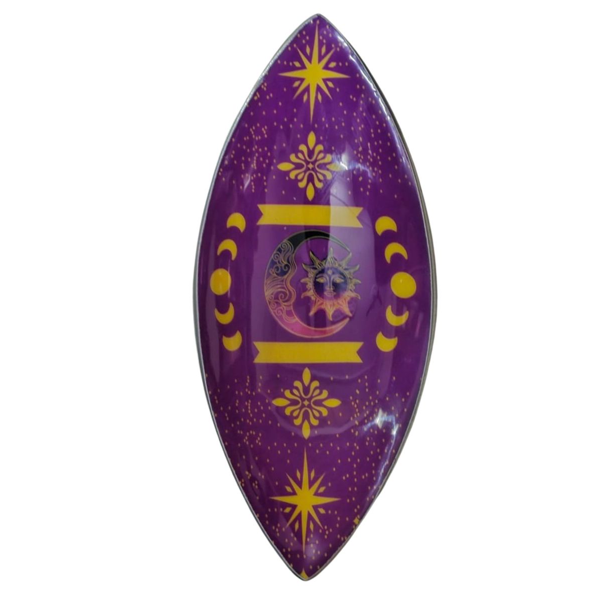 Porta-incensos esmaltado em alumínio com fases do sol e da lua em tons de roxo.