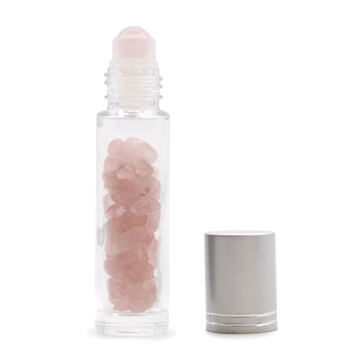 Frasco roll-on de óleo essencial com pedras preciosas - Quartzo rosa - Tampa prateada