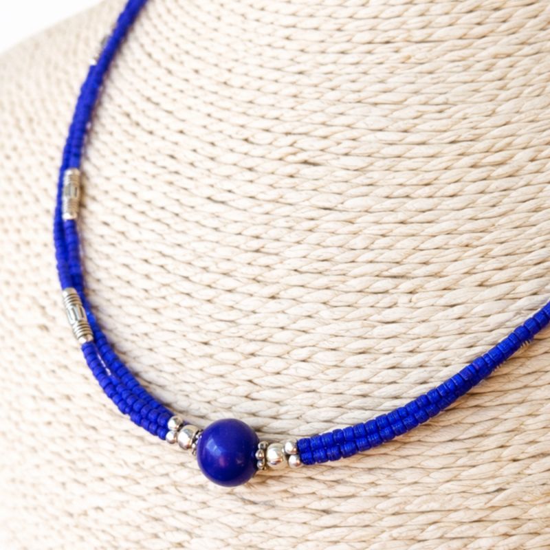 Nepalesische extra feine zweireihige Halskette - Anhänger aus blauem Onyx und Lapis
