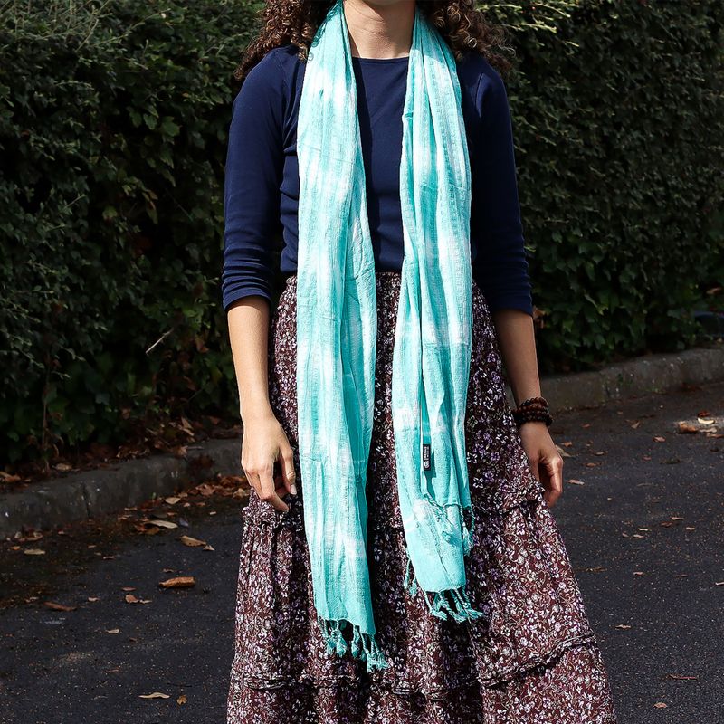 Foulard Bohème Java Art - Rayures Sarcelle & Motif - 62x200 cm