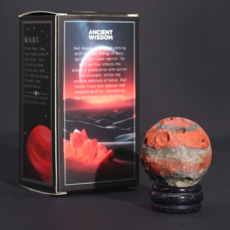 Planète Jaspe Rouge socle Goldstone Pierre de soleil
