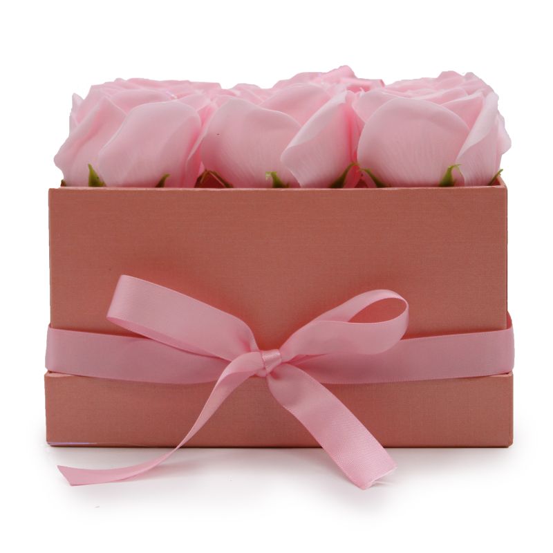 Coffret Cadeau de Fleurs de Savon - 9 Roses Roses - Carré