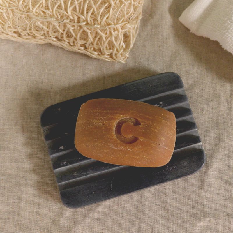 Porte-savon en pierre à savon grise 12x8,5cm - Rainures profondes