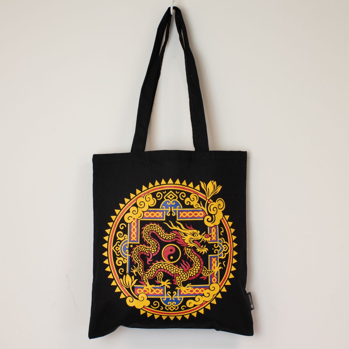 Mala tote icónico e clássico - Dragão Yin e Yang - Preto 6 oz