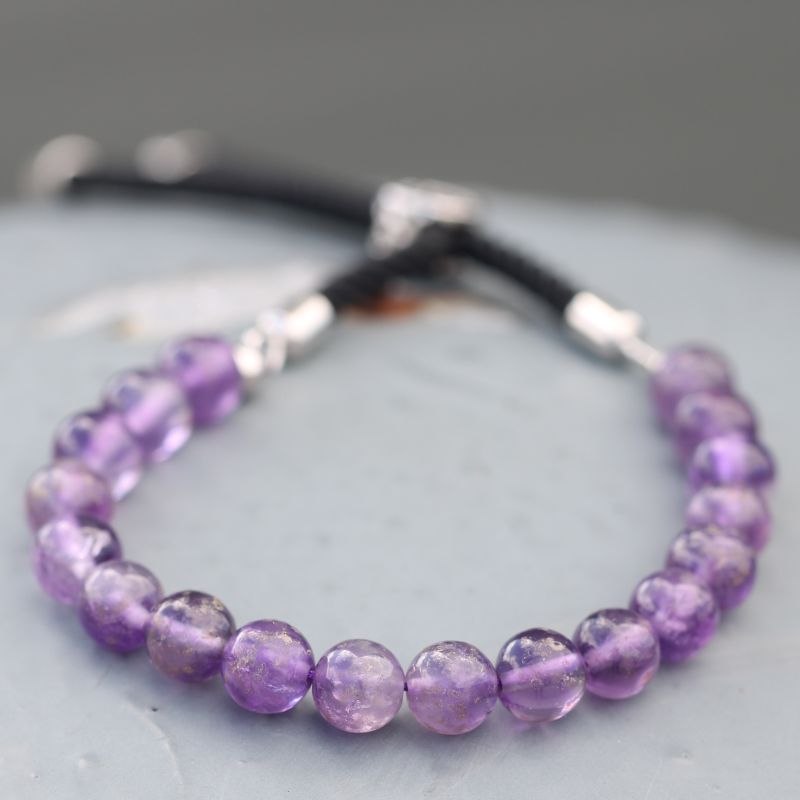 Bracelet en Gemme plaqué argent 925 - Cordon Noir - Améthyste