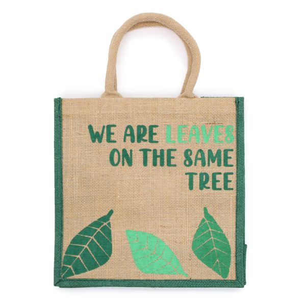 Печатана джутова торба - We are Leaves - жълта, синя и естествена