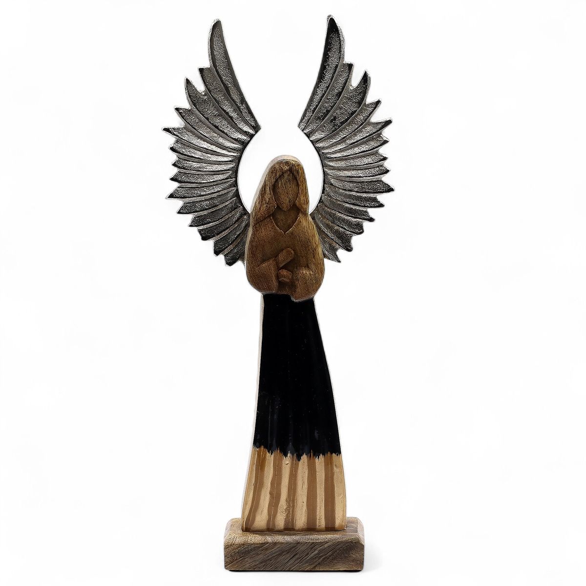 Grande anjo da guarda em madeira de manga, asas de metal e detalhes esmaltados