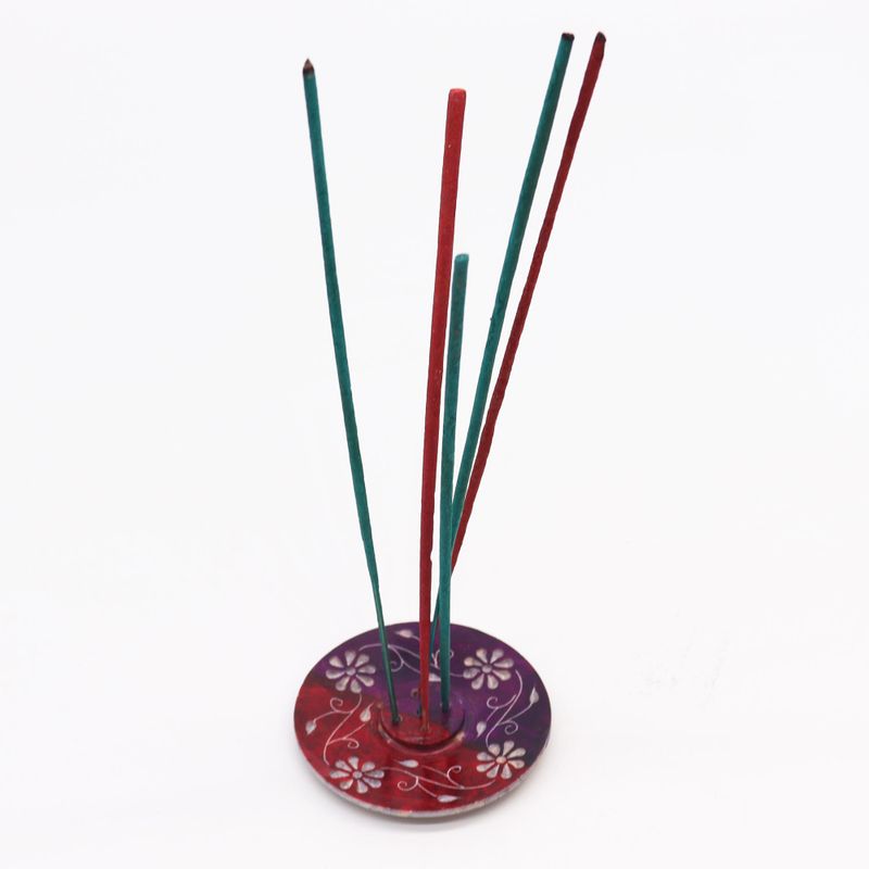 Porte-encens en pierre à savon Disque 8 cm - Floral (porte 5 bâtonnets)