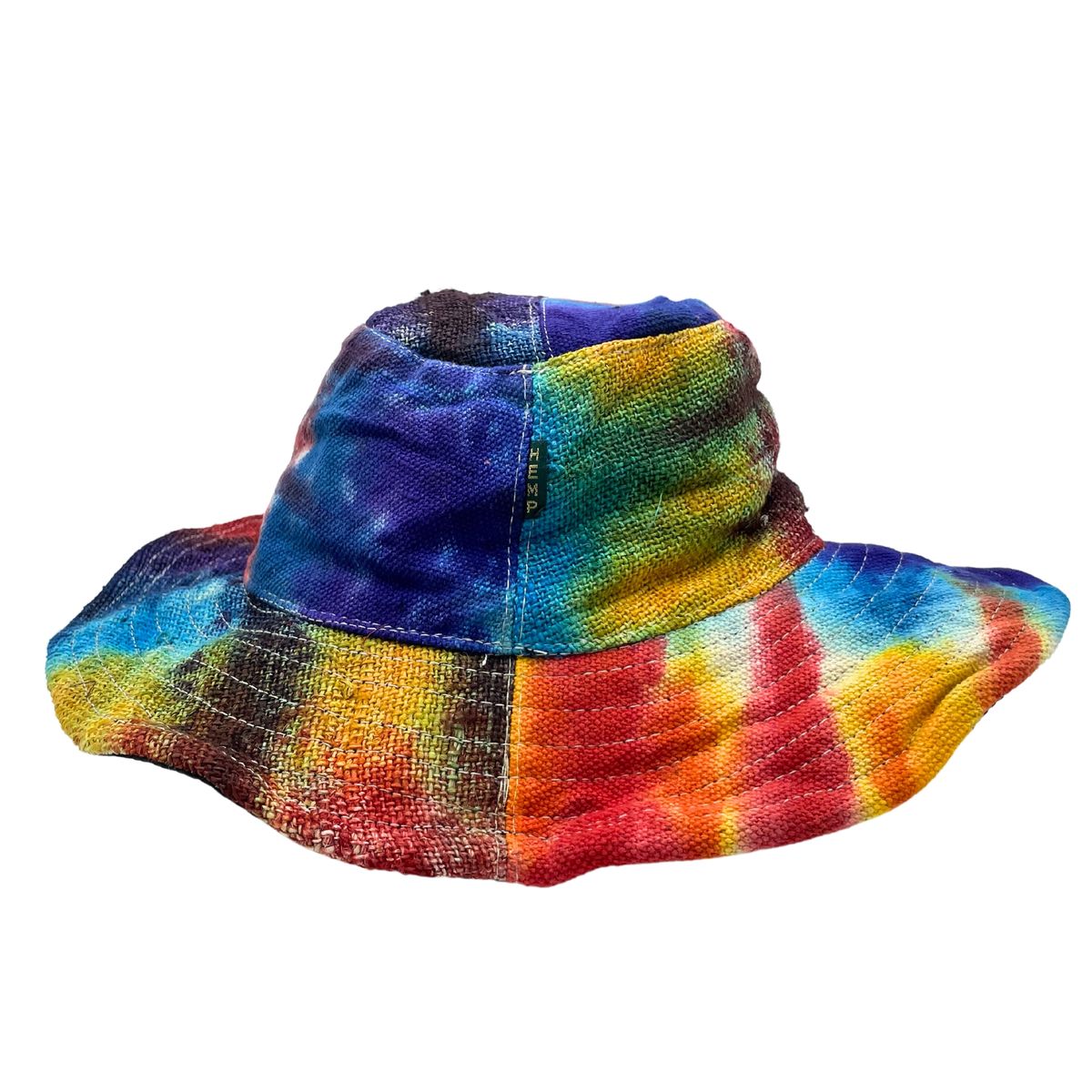 Chapéu boho para festivais em cânhamo e algodão com remendos e aros - Tiedye