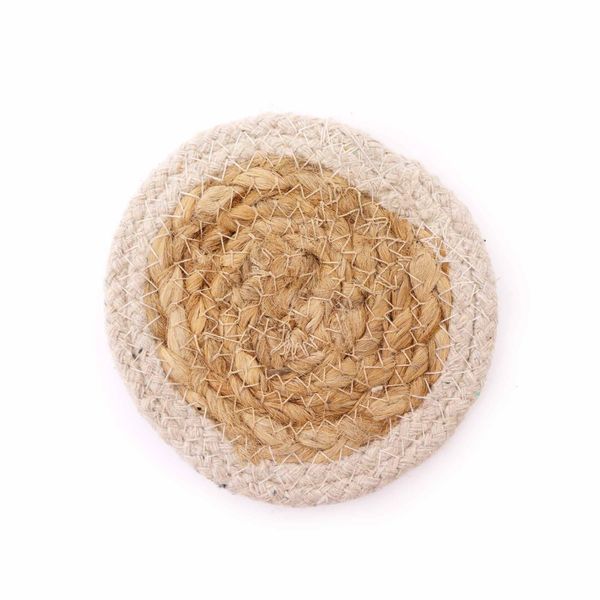 Base para copos natural - Juta e Algodão 10cm (conjunto de 4) - Branco